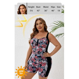 Halcurt - Traje de baño de una pieza con pantalones cortos fruncidos para mujer, talla grande, 5 pulgadas, entrepierna, Negro/Rojo Amarillo Paisley, 2XG