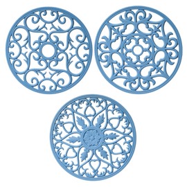 SPUVGVC Silicone Trivets for Hot Dishes-Modern Kitchen Trivet Mat, Non Slip Trivets for Hot Pots&Pans, Carved Silicone Pot Holders, Heat Resistant Mats-Round Hot Pads for Table&Counter Tops Set 3 Blue