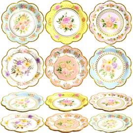WorldBazaar WorldBazaar Floral Plates Small Tea Party Decorations 24 Count Gold Foil Paper Plate Flower Disposable Dishes For Birthday Party Supplies