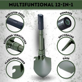 ESYA® Camping | Folding Shovel Made of High Quality Carbon Steel | 12 Functions | Shovel, Pickaxe, Compass | Camping Shovel, Camping, Garden, Hiking, Survival, Army, Army, Military, German Army