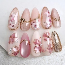 24 Pcs Cat's Eye Press on Nails Short Almond,MINGCHUN Fall Fake Nails Press ons Acrylic Nail Art Tips Kit Full Cover False Nails Glue on Nails with 3D Gilded Flowers Glitter Sequins Design for Women