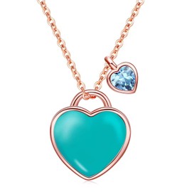 Qings March Aquamarine Birthstone Necklace - Light Blue Heart-shaped Gemstone Cubic Zirconia 925 Sterling Silver Double Heart Pendant Forever Love Adjustable Chain Present for Her