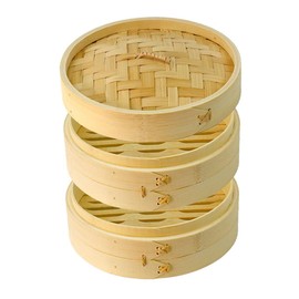 DEAUVIOR Bamboo Steamer Basket - Traditional Dumpling Steamer with Lid for Cooking Vegetables, Bao Buns, Fish & Meat (6" Two Tier)