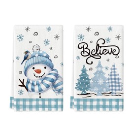 Artoid Mode Beige Blue Xmas Tree Snowman Christmas Kitchen Towels Dish Towels, 18x26 Inch Holiday Bird Believe Winter Decoration Hand Towels Set of 2