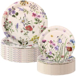 Mumufy 100 Pack Wild Floral Paper Plates Flower Dinner Decoration 9" & 7" Disposable Watercolor Dessert Plates for Wedding Birthday Baby Shower Bridal Tea Party Supplies