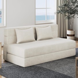 Luoxiao Folding Sofa Bed, Foldable Full Lazy Floor Couch for Adults with Pillows, Portable Convertible Futon Sleeper Chair for Small Space/Guest Room, Washable Cover, High-Density Foam, Beige