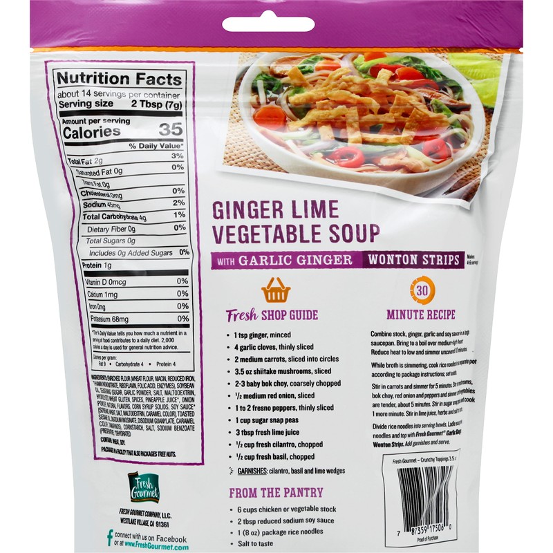 Fresh Gourmet Wonton Strip Garlic Ginger 3.5 Ounce (Pack of