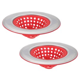 uxcell Silicone Sink Strainer, 2Pcs Kitchen Sink Drain Strainer Stopper with Stainless Steel Edge 4.4" Diameter Rim, Red