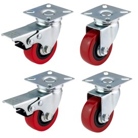 50mm Polyurethane Swivel Casters with Brakes (RED PU) - Heavy Duty - Furniture, Appliance & Equipment Wheels by Bulldog Castors - Max 150Kg Per Set