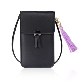PFLYPF 1 x Card Holder and 1 x Tassel Pendant Fashion Messenger Bag Retro Shoulder Bag Touch Screen Phone Bag Small Purse Women (Black), black