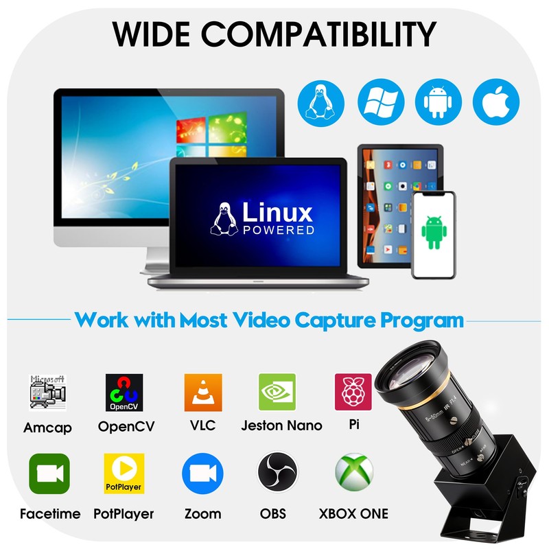 SVPRO 5MP 30FPS USB Camera with 5-50mm Telephoto Lens, 10X