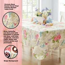 Newbridge Victoria Pastel Rose Floral 60 x 120 Inch Rectangle Vinyl Flannel Backed Tablecloth, Roses and Butterfly French Country Print Vinyl Tablecloth with Flannel Backing, Dining Party