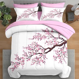 Pamnest Comforter Set Full Size, Japanese Cherry Blossom 7 Pcs Bedding for Kids and Adults, Flower Painting Pink Bed Sheet Sets with Fitted Sheet 2 Pillowcase & 2 Sham for Bedroom Bed Decor