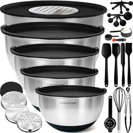 Priority Chef Premium Large 28Pc Stainless Steel Mixing Bowls with Lids Set, Non-Slip Base, Air Tight Lids, 3 Graters and Utensil Set, Large Metal Nesting Bowls for Kitchen, Black