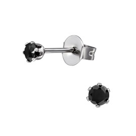 Hypo-Allergenic Surgical Stainless Steel Stud Earrings with 3mm Black AAA CZ Crystals