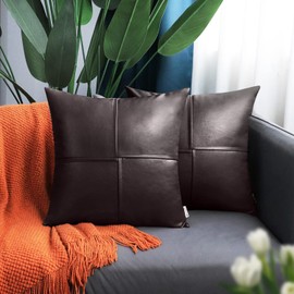BRAWARM Faux Leather Throw Pillow Covers 20 X 20 Inches, Seal Brown Leather Pillow Covers Pack of 2, Hand Stitched Leather Decorative Throw Pillows for Couch Sofa Bed Living Room Home Garden