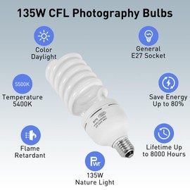 Skytex 1pcs 135W Light Bulb, 5400K Color Temperature CFL Photography Lighting, Daylight Spiral Softbox Lighting Kit Bulb in E27 Socket for Photo, Video and Studio Lights