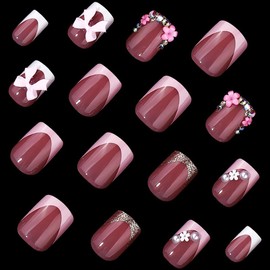24 Pcs Pink French Press on Nails Short Square - WLGDLH Fake Nails Nude False Nails with Flower Rhinestone Pearl Bows Design Glossy Nail Tips Full Cover Acrylic Nails Stick on Nails for Women