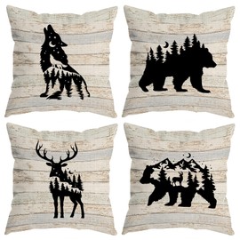 PUHEI Woodland Wild Animal Wolf Elk Bear Deer Forest Camping Throw Pillow Covers, Wildlife Lover Camper Gifts for Men Women, Wildlife Rustic Pillow Cases 18 x 18 Inch Home Room Bed Sofa Decor Set Of 4