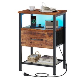 TRIFEBLE Night Stand, End Table with Charging Station, LED Bedside Table with Fabric Drawer for Bedroom, 3-Tier Side Table with Open Shelf, Rustic Brown