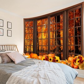 LB Fall Forest Pumpkin Tapestry, Window Orange Sunflower and Maple Tree Leaf Autumn Wall Tapestry for Bedroom, Fall Landscape Wall Art for Living Room Dorm Home Decor Ready to Hanging, 60 x 40 Inches