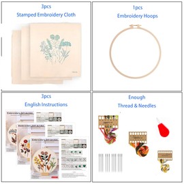 Smart-Feather 3 Sets Embroidery Kit for Beginners, Hand Embroidery Kits for Adults with Hoops, DIY Art Project Craft Kit (Flower)