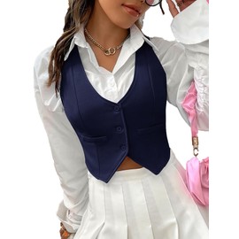 SweatyRocks - Chaleco corto liso con botones frontales para mujer, cuello en V, sin mangas, Azul marino, Small