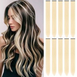TOFAFA 22 inch Colored Hair Extensions, Multi-colors Party Highlights Clip in Synthetic Hair Extensions, Color Party Highlights Hairpieces for Girls Women(10 PCS Blonde)