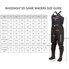 BASSDASH 3D Boot Foot Game Wader Ultra High Strength Nylon PVC Fishing Hunting Chest Waders for Men