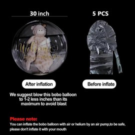 5 PCS BoBo Balloons Large for Stuffing, 30 inch Pre Stretched Extra Wide Mouth Clear Balloons, Giant Transparent Balloons