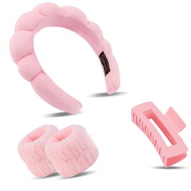 GeorgeX Bandas para Cabello Mujer, 4 Piezas Diademas para Cabello con Ajustable y Muñequeras Absorbentes, Muñequeras Skincare para Ducharse, Lavarse y Desmaquillaje(Rosado)