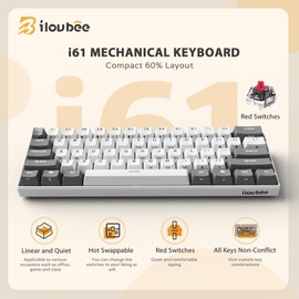 iLovBee i61 Mechanical Keyboard 60 Percent, Wired RGB Gaming Keyboard, 61 Keys Compact Mini Custom Keyboards for PC/Mac Gamer, Hot Swappable Linear Red Switch, Grey and White