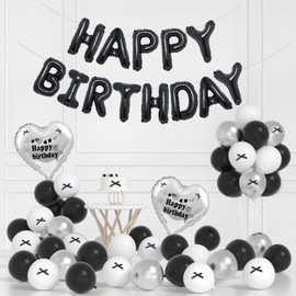 Black Coquette Birthday Decorations-Black Happy Birthday Balloons, Heart Balloons With Birthday Stickers, Black White Silver Balloons For Black And White Bow Birthday Decorations