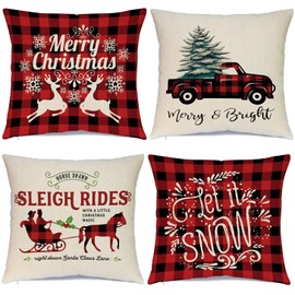 Christmas Decorations, Merry Christmas Throw Pillow Covers 18 x 18 Inches Set of 4 -Christmas Cushions Covers Neutral -Zippered Christmas Pillow Covers (Retro Red Plaid Reindeer Car)