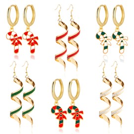 QLYOVWE 6 Pairs Christmas Candy Earrings for Women Cute Red Green Peppermint Sweetmeat Hoop Earrings Xmas Spiral Threader Dangling Earring Christmas Stocking Stuffer Gifts (Candy Cane B)