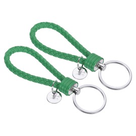 PATIKIL Braided Leather Keychain with Stainless Steel Key Ring Sleeve, 2 Pack PU Woven Wristlet Lanyard Strap Fob Keyring Holder for Car Bag Wallet Pendant, Green