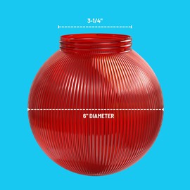 KastLite 6" Globe Light Bulb Cover with 3.25" Threaded Screw-in Neck - Acrylic Plastic Replacement for Ceiling Lamp Shades, Outdoor Mood Lighting Fixtures & Camper Awning Lights - Red, Ribbed