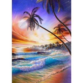PFFNGPEN Diamond Art Painting Beach Scenery Kits for Adults, 5D Coconut Tree Diamond Art Kits for Beginners, DIY Full Drill Gem Art for Home Wall Decor Craft Gifts 11.8x15.7 inch