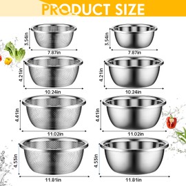 Uiifan 8 Pcs Stainless Steel Mixing Bowl with Stainless Steel Colander Rice Washing Bowl Colander Bowl Set Nesting Bowls with Colander for Washing Draining Storage (1.8/3.9/4.9/6.6 QT)