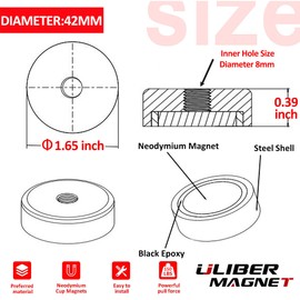 ULIBERMAGNET 150LB 2Pack Strong Neodymium Round Magnet with M8 Female Thread, Powerful Magnetic Removable Mounting for Lighting,Tools, Equipment with Bolt