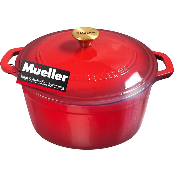 Mueller DuraCast 6 Quart Enameled Cast Iron Dutch Oven Pot with Lid, Heavy-Duty Casserole Dish, Braiser Pan, Stainless Steel Knob, for Braising, Stews, Roasting, Baking, Safe across All Cooktops, Red, Perfect for Mother's Day Gifts