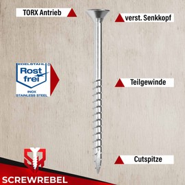 SCREW REBEL Chipboard Screws A2 Stainless Steel 4 x 25 mm - Pack of 500, TX20, Partially Threaded, Cut Tip, Wood Screw with Countersunk Head