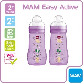 MAM Easy Active Baby Bottle with Medium Flow MAM Teats Size 2, Twin Pack of Baby Bottles, Baby Feeding, 270 ml, Purple (Designs May Vary)