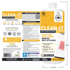 Unique Clean-It RV Black Tank Cleaner Liquid - Effectively Resets Dirty RV Black Tanks - Eliminates Odors and Waste (32 oz)