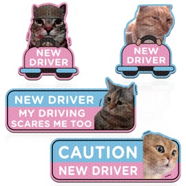 CNhoqc 4pcs Funny Cat New Driver Car Magnet, Cute Cat Memes Rectangle Reflective Student Driver Sign for Car Bumper, Nervous New Driver Reusable Magnet Sticker for Bumper Safety Sign
