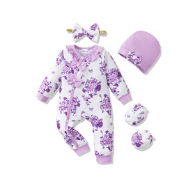 Mikrdoo Preemie Baby Girl Clothes Knit Jumpsuit Ruffle Romper Long Sleeve Bodysuit Coming Home Fall Winter Outfit with Headband Purple