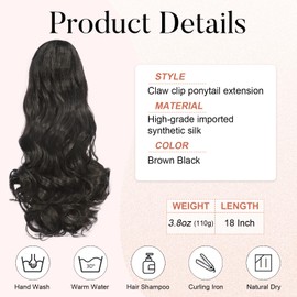Taifeng Claw Clip Ponytail Extension,18 Inch Ponytail Extension, Wavy Pony Tail Hair Extensions,Natural Hair Extensions Ponytail, Clip on Ponytails for Women (Color: Brown Black)