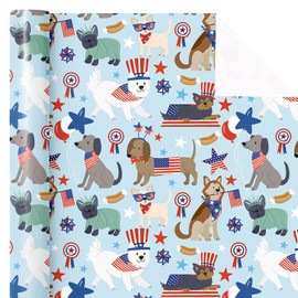 WRAPAHOLIC American Dog Wrapping Paper Roll - Mini Roll - 17 Inch x 16.5 Feet - USA Patriotic Dog 4th of July Wrapping Paper Perfect for Independence Day, Memorial Day, Birthday