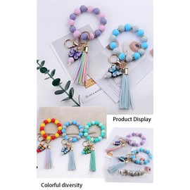 Butterfly Keychain Bracelet for Women,Leather PU Tassel Wrist Bangle Pendant Keyring,Silicone Beaded Wristlet Key Chains (Blue)