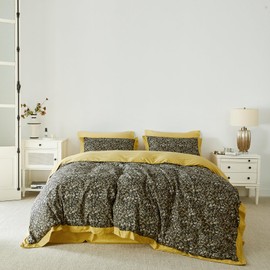 SUSYBAO Mustard Floral Duvet Cover Queen 100% Cotton 3 Pcs Set 1 Vintage Yellow Vine Flower Duvet Cover with Zipper Ties 2 Pillow Shams Farmhouse Decorative Hemmed Bedding Set Soft